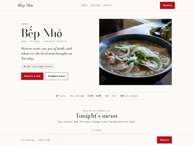 Bếp Nhỏ demo — small restaurant site laid out as a printed menu card