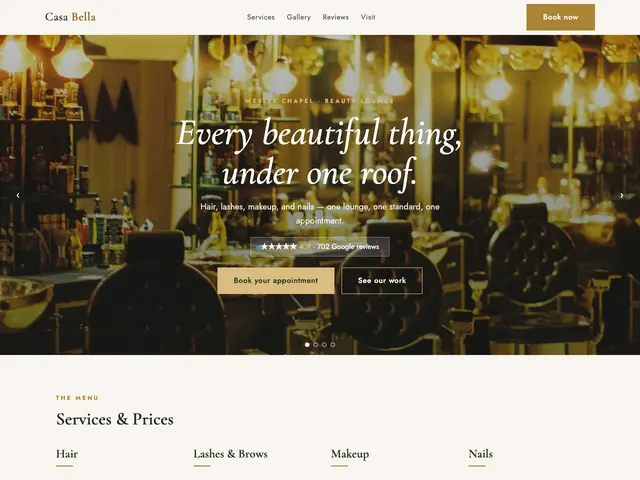 Casa Bella Beauty Lounge demo — full-service salon with photo carousel and gallery