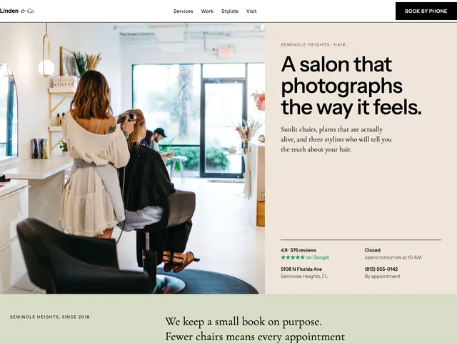 Linden & Co. Hair demo — photography-first salon site with sunlit linen and sage panels