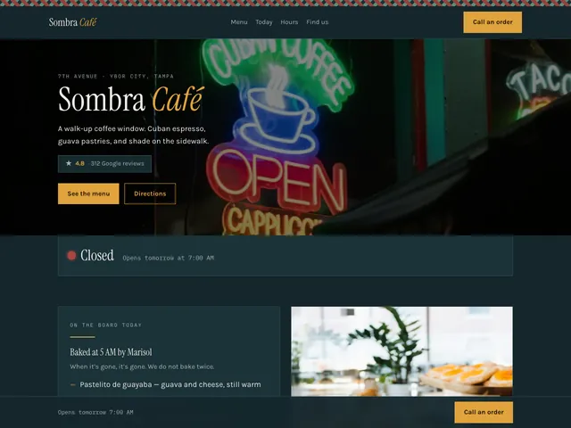 Sombra Café demo — Cuban coffee window with a live open or closed indicator