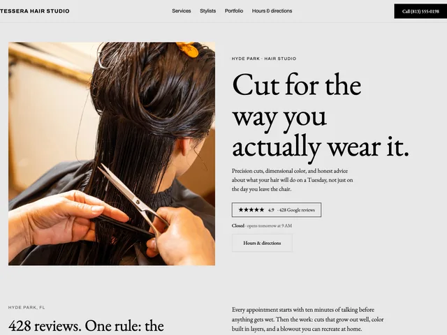 Tessera Hair Studio demo — bone-paper editorial hair salon with Garamond type